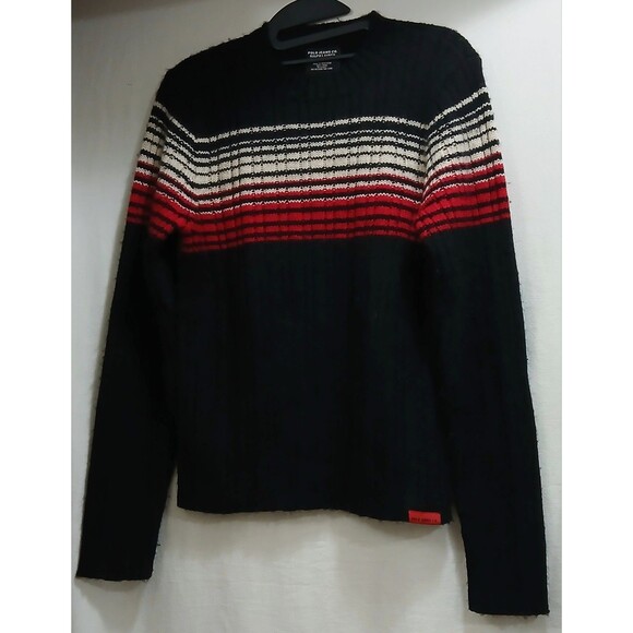 Vintage Polo Jeans Co Ralph Lauren Black Stripe Pullover Wool Sweater Large Y2K - Picture 1 of 7